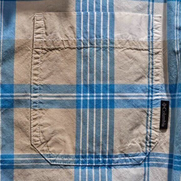 Columbia Men's Plaid Short Sleeve Button-Up Shirt L Beige & Blue Cotton - Picture 5 of 6
